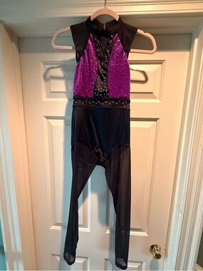 Purple & Black Sequin Dance Unitard w/ Mesh Legs – Child Large (LC)